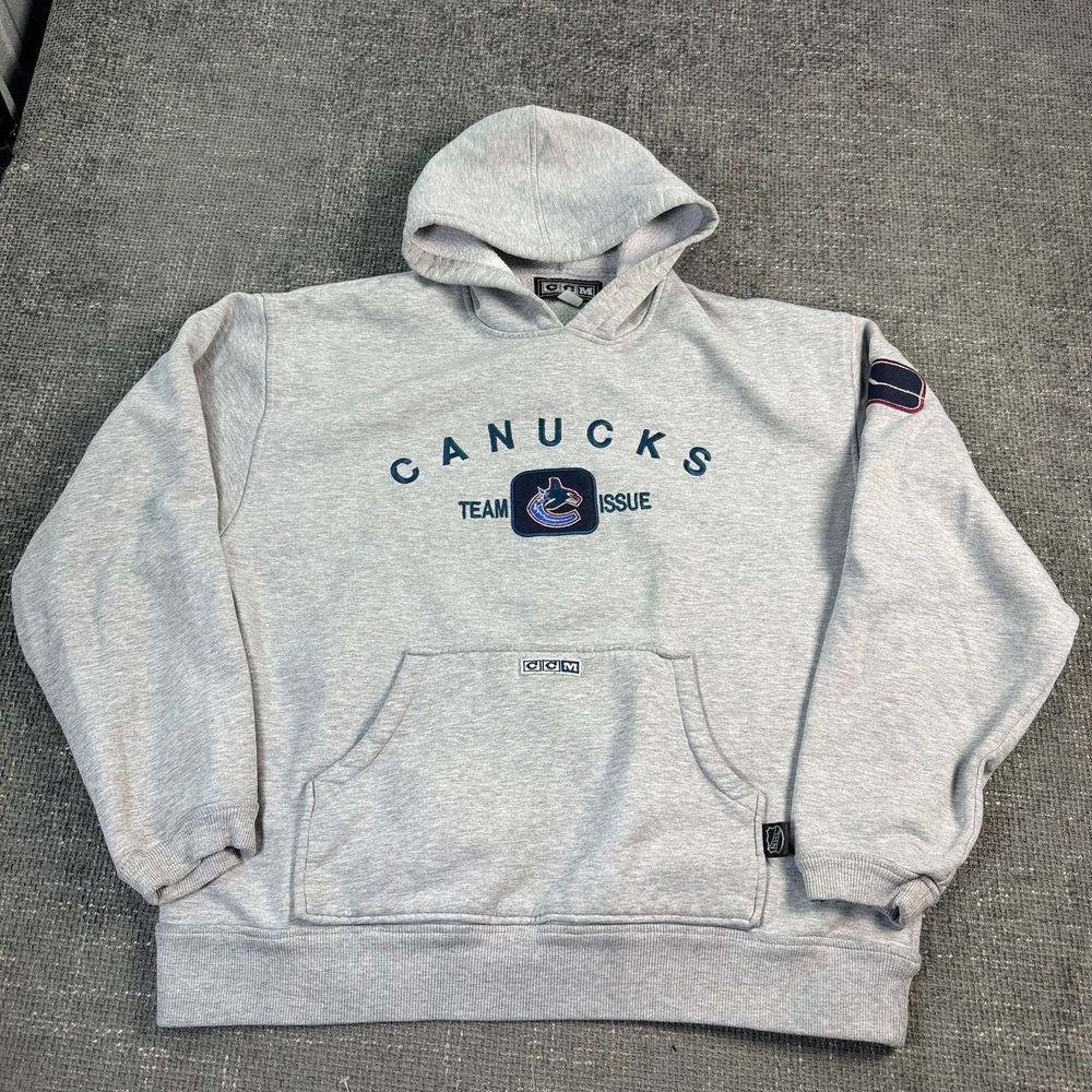 CCM Vancouver Canucks Team Issue Hoodie Mens Large Grey NHL Hockey Pullover